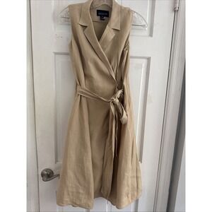 Jones New York 100% Linen Wrap‎ Dress 8 Petite Belted Sleeveless Safari Chic
